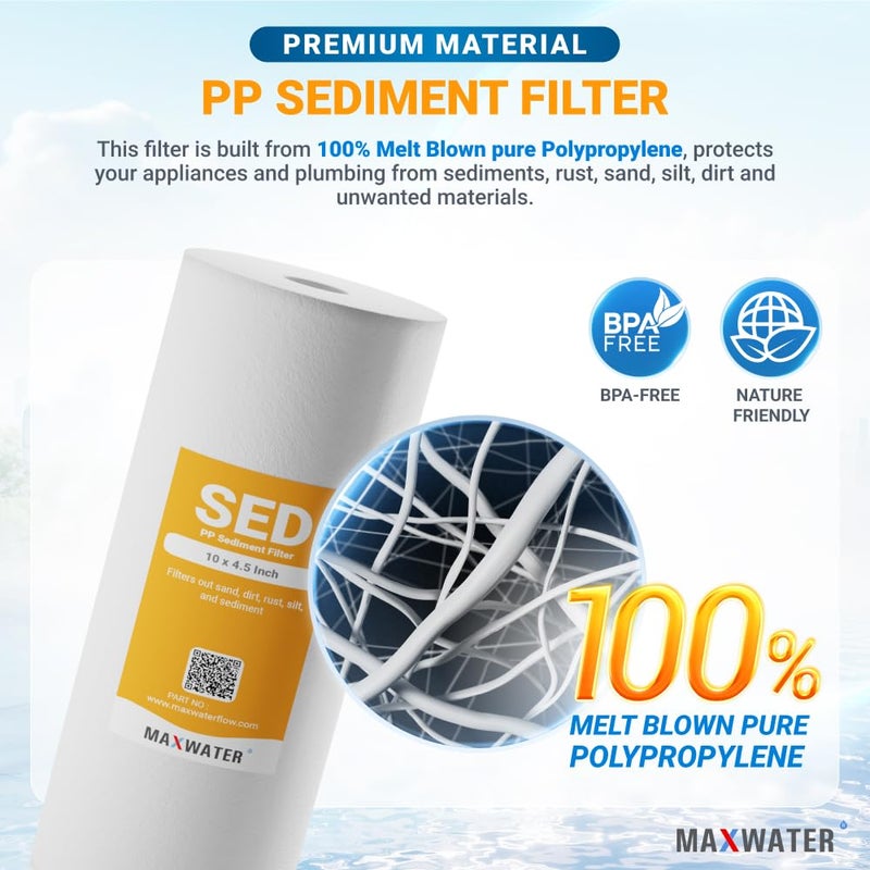 Max Water فلتر مياه كامل للمنزل 5 ميكرون 10 × 4.5 بوصة | خراطيش استبدال فلتر مياه بئر من بولي بروبيلين مصهور لـ DGD-5005، AP810، SDC-45-1001، GXWH30C، PP10BB (20 عبوة) - Image 3